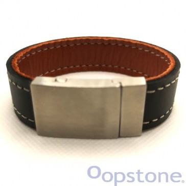 Black Stitched Leather Bracelet with Magnetic Clasp