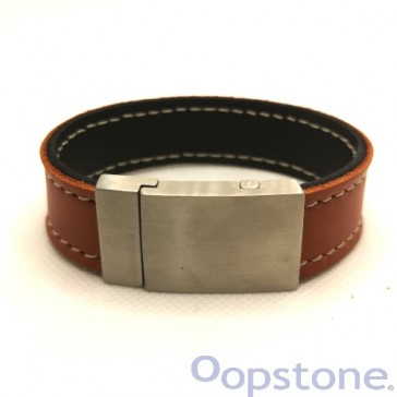 Brown Stitched Leather Bracelet with Magnetic Clasp
