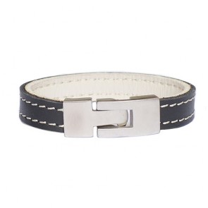 Black  White Stitched Leather Bracelet 10mm